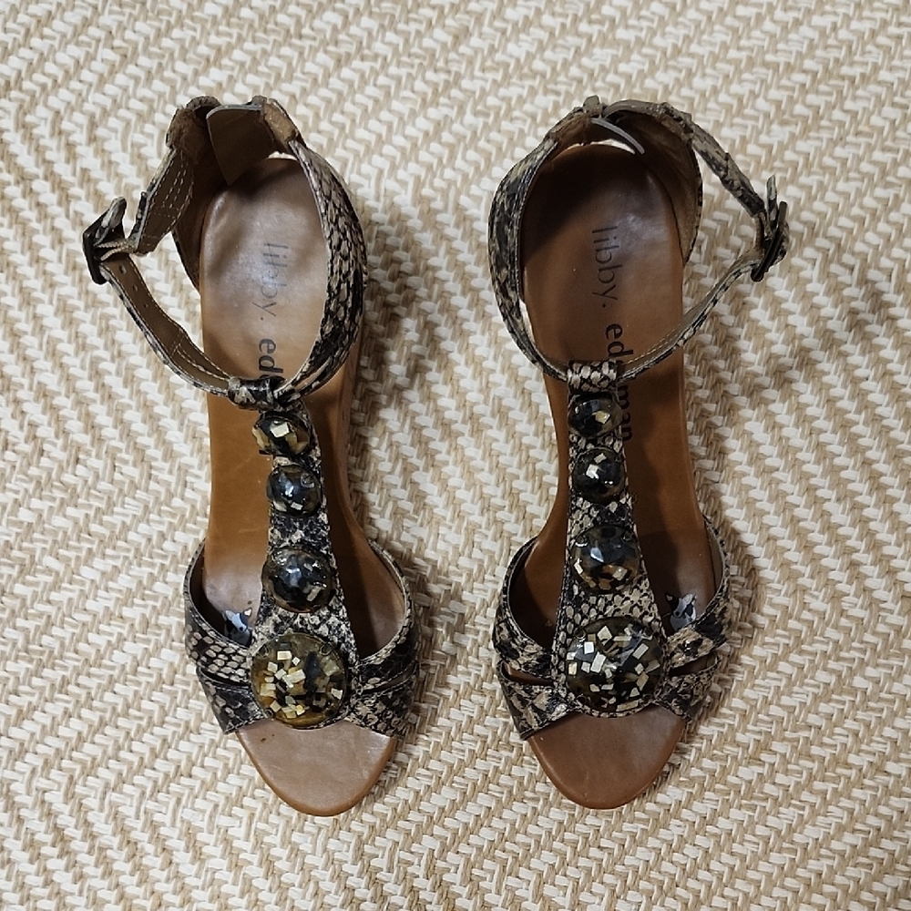 libby. edelman Green Brown And Gold Cork Wedge Sandals Back Zipper 6.5
